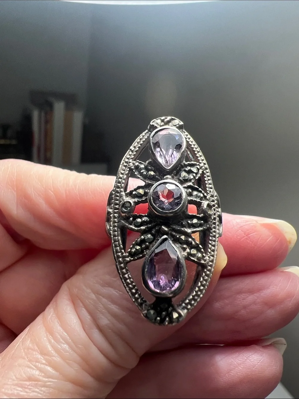 Stylish Silver Ring with Purple Gem Accents - Vintage